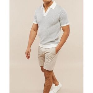 Raith‎ Mens Franca Open Collar Knit Polo Shirt Short Sleeve Navy Ecru Medium